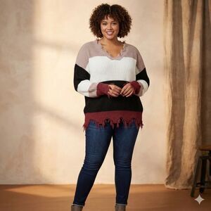 SHEIN CURVE MULTICOLOR LOOSE FIT RAW/FRAYED SHREDDED HEM KNIT SWEATER SIZE 3XL